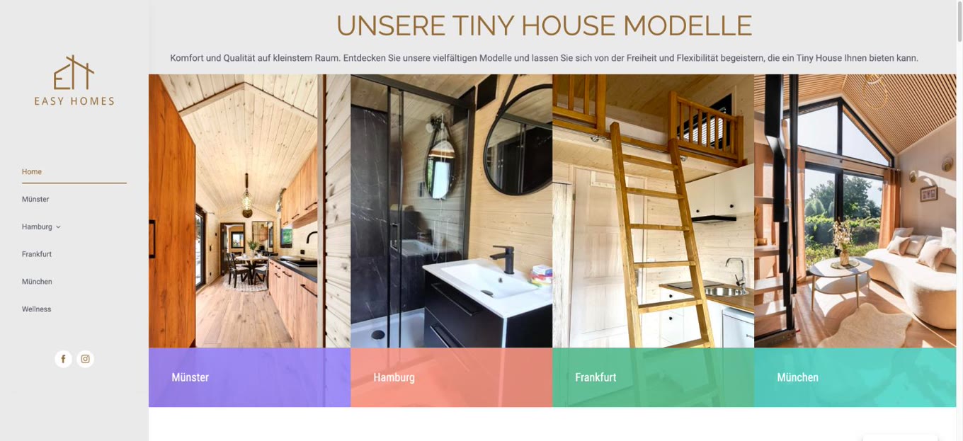 Easy Homes Startseite mit Tiny-House-Modellen — Website-Design von PLANB