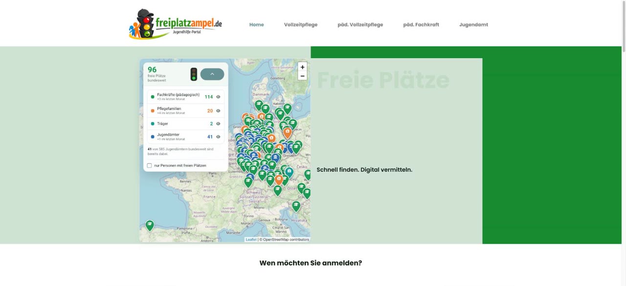 Freiplatzampel Startseite mit Karte und Ampel-Prinzip — Gestaltung von PLANB