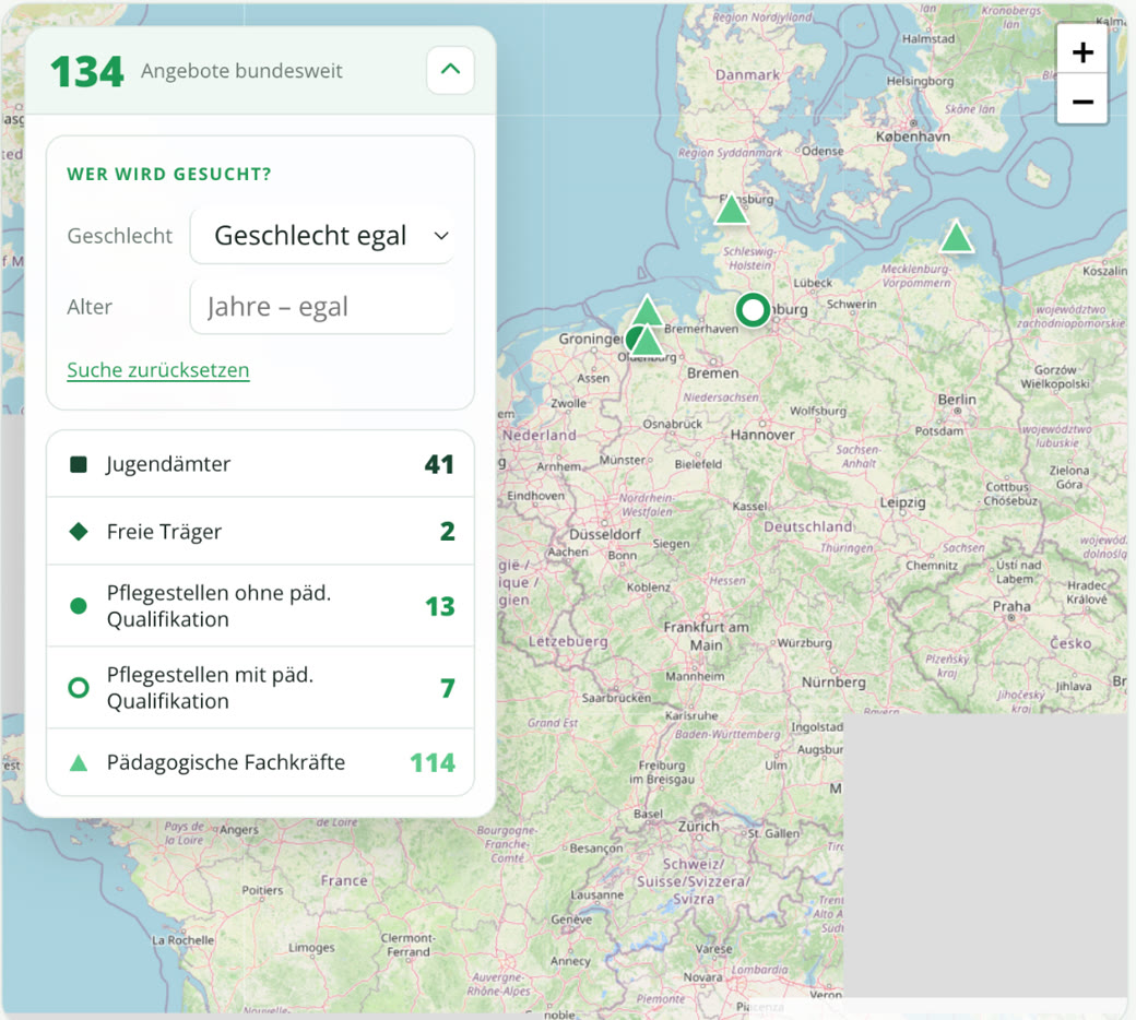 SGB8-radar Karten-Oberfläche mit 134 Angeboten bundesweit — Gestaltung und Nutzerführung von PLANB
